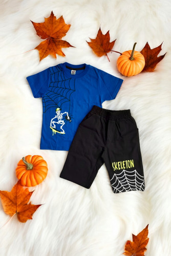 ست تیشرت و شلوارک پسرانه آبی طرح اسکلت برند Tofil