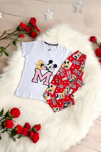 ست کامل تیشرت سفید و شلوار قرمز زنانه طرح میکی موس برند M.H.A