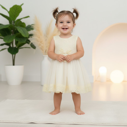 پیراهن مجلسی دخترانه رنگ لیمویی از جلو